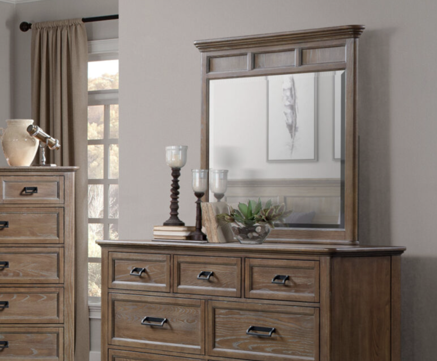 Alta mirror from the Alta Bedroom Collection in a Harvest finish, featuring beveled glass and solid brushed ash construction. Transitional style mirror designed to sit atop a dresser, with English dovetail joinery and brushed metal hardware.